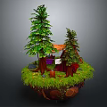 Floating Natural Island Scene With Green Grass Tall Pine Trees And Red Camping Tent