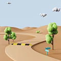 Desert Scene With Winding Road Low Poly Trees Speed Bump Clouds And Signpost 3d model