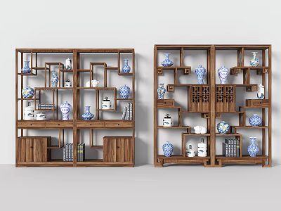 Chinese Style Wooden Bogu Shelf With Multilayer Open Shelving Displaying Porcelain Vases And Antique Decorations 3d model