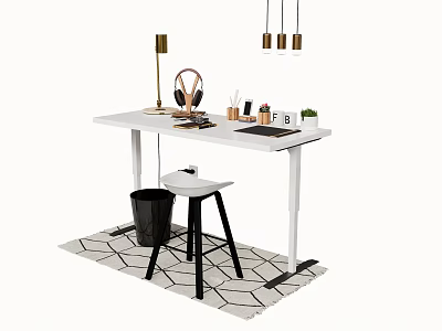 White Desk With Lamp Headphones Stationery Potted Plant Black Stool Geometric Rug And Pendant Lights 3d model
