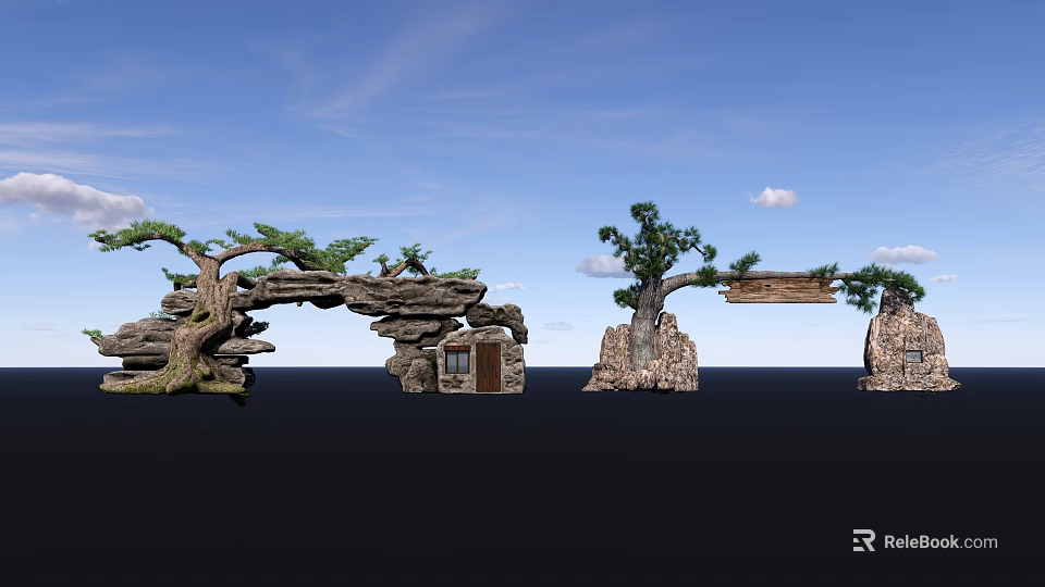 Natural Stone Entrance Gate Surrounded by Pine Trees and Wooden Cabin Structure 3d model 
