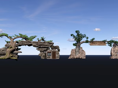 Natural Stone Entrance Gate Surrounded by Pine Trees and Wooden Cabin Structure 3d model