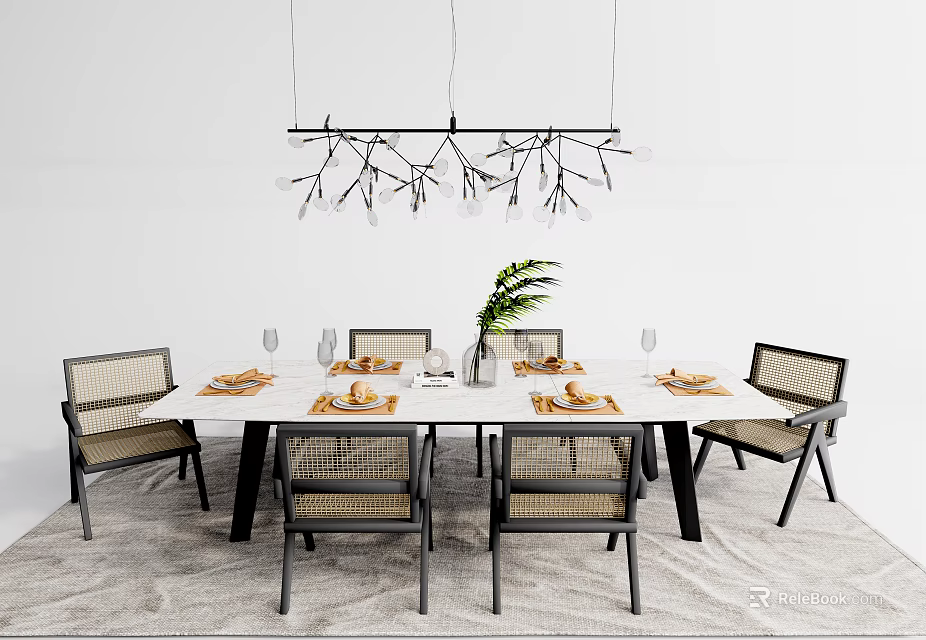 Modern Dining Table Set With Rattan Chairs Branch Shaped Chandelier Tableware And Green Plant 3d model 