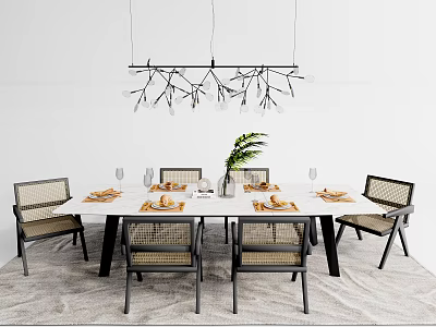 Modern Dining Table Set With Rattan Chairs Branch Shaped Chandelier Tableware And Green Plant 3d model