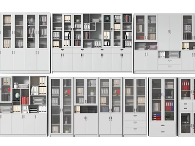 Various Modern Bookcase Designs With Glass Doors Storage Shelves And Drawers 3d model