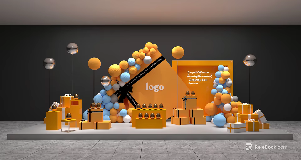 Logo Display Setup With Orange Blue Balloons Gift Boxes Booth Decor And Party Elements 3d model