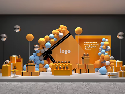 Logo Display Setup With Orange Blue Balloons Gift Boxes Booth Decor And Party Elements 3d model