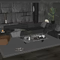 Modern Black L-shaped Sofa Coffee Table Combination with Marble Top Brown Leather Armchair and Green Plant