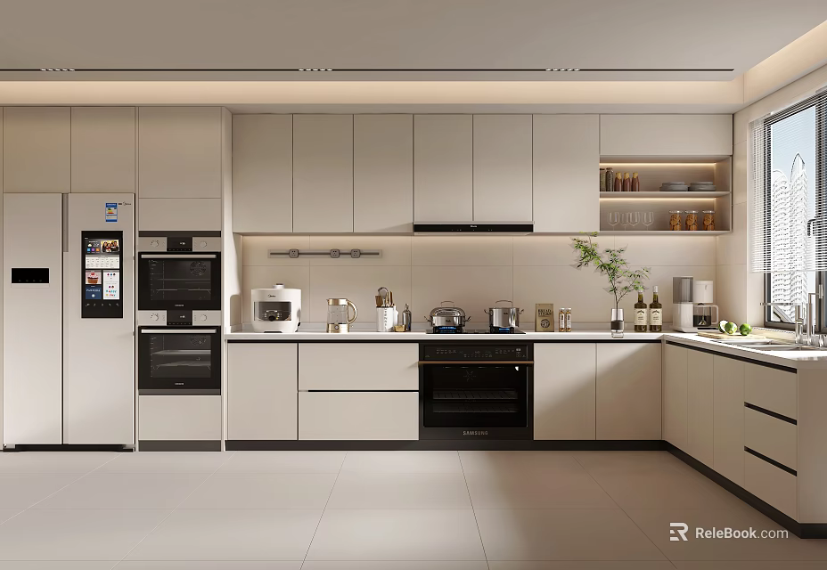 Modern Kitchen Interior Design With White Cabinets Built in Appliances And Sleek Countertop 3d model 
