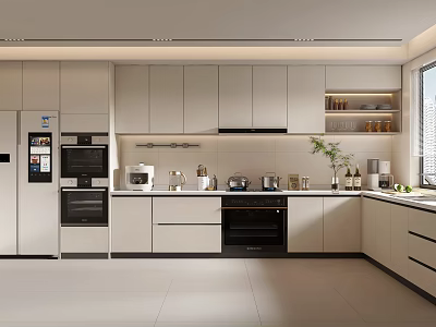 Modern Kitchen Interior Design With White Cabinets Built in Appliances And Sleek Countertop 3d model