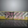 Yellow Construction Barriers With Pink Graffiti And Gray White Stripes On Black Reflective Surface