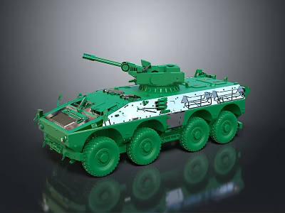 Green Tank Model Featuring Cannon White Patterns And Six Wheels On Dark Background With Reflection 3d model