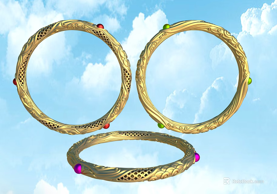 Exquisite Golden Bracelets With Filigree Patterns And Colored Gemstones Red Green Pink 3d model 