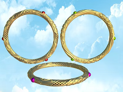 Exquisite Golden Bracelets With Filigree Patterns And Colored Gemstones Red Green Pink 3d model