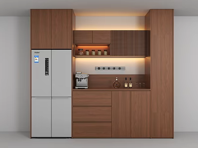 Modern Wooden Wine Cabinet In Kitchen With LED Lighting And Storage Shelves 3d model