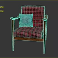 Red And Black Plaid Single Seater Sofa With Wooden Armrests Legs And Blue Cushion