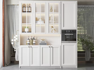 Modern White Wine Cabinet With Glass Doors Built in Lighting Wine Bottles And Decorative Items 3d model
