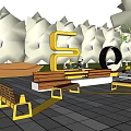 Outdoor Chairs with Wooden and Metal Design in Recreational Area Surrounded by Trees and Stone Tiles