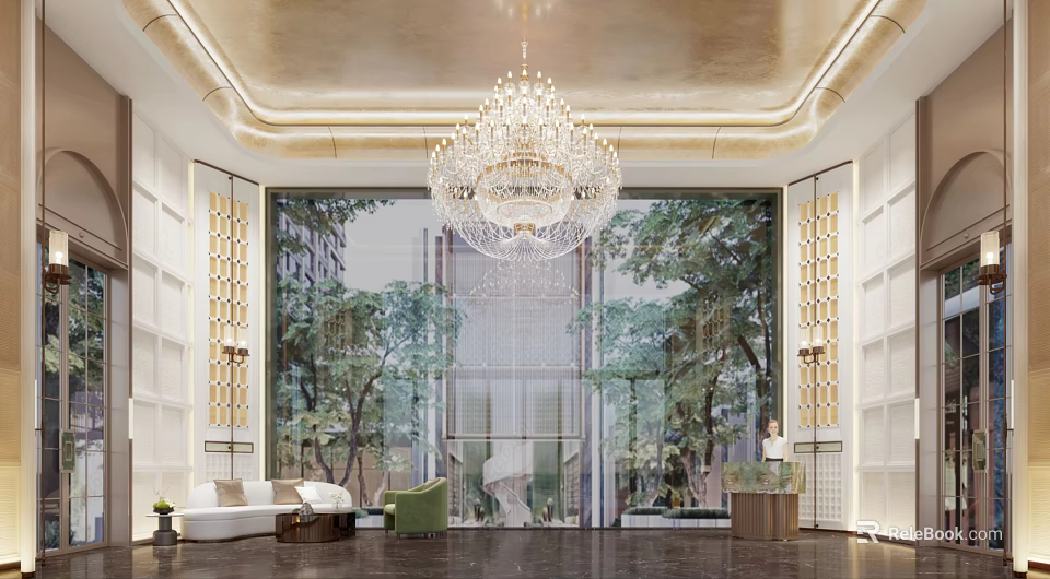 Luxury Modern Sales Office Lobby Interior Design With Grand Crystal Chandelier And Elegant Reception Lounge 3d model 