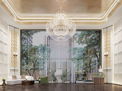 Luxury Modern Sales Office Lobby Interior Design With Grand Crystal Chandelier And Elegant Reception Lounge 3d model