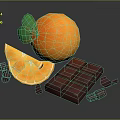 Fresh Orange With Sliced Segment Dark Chocolate Block And Curls 3d model