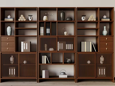 Traditional Chinese Wooden Bogu Shelf With Multiple Compartments Displaying Vases Books And Tea Sets 3d model