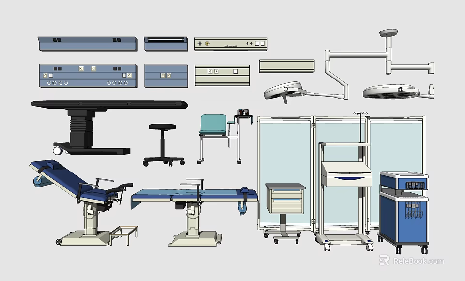 Essential Medical Devices Including Surgical Tables Lights Chairs Cabinets Carts Equipment 3d model 