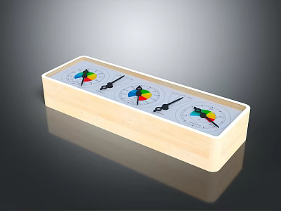 Wooden Rectangular Box With Three Colorful Circular Educational Devices And Pointers 3d model