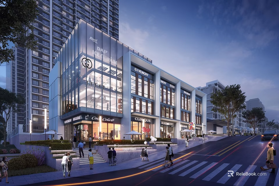Modern Commercial Street With Glass Facade Buildings Pedestrians High Rise Surroundings Shops and Street Lights 3d model 