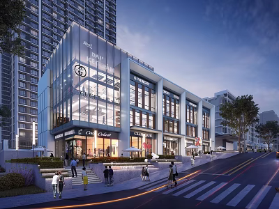 Modern Commercial Street With Glass Facade Buildings Pedestrians High Rise Surroundings Shops and Street Lights 3d model
