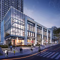 Modern Commercial Street With Glass Facade Buildings Pedestrians High Rise Surroundings Shops and Street Lights