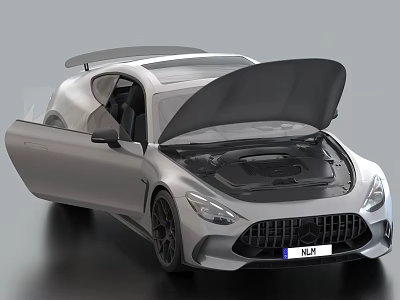 Modern Silver Sports Car With Open Hood Engine Display And Open Doors Design 3d model