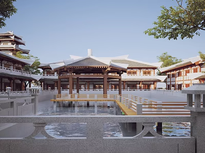 Traditional Chinese Architectural Complex With Pavilion Pond Wooden Corridors And Stone Railings 3d model