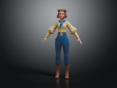 3D Female Character With Brown Hair Yellow Top Blue Scarf Blue Pants And Brown Boots 3d model