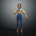 3D Female Character With Brown Hair Yellow Top Blue Scarf Blue Pants And Brown Boots