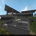 Modern Detached Villa With Sloped Roof Large Glass Windows Landscaped Garden And Driveway