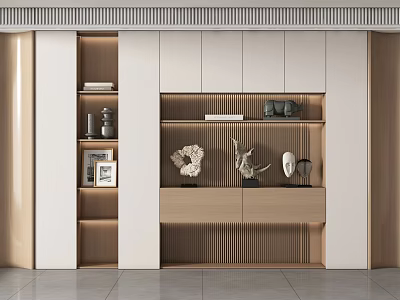 Modern Minimalist Bookcase With Light Wood Shelves White Cabinets And Decorative Items 3d model