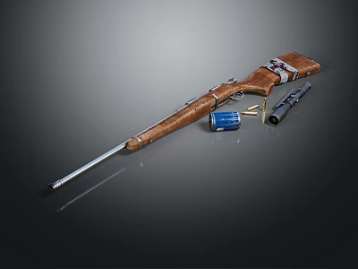 Vintage Bolt Action Rifle With Wooden Stock Silver Barrel And Ammunition Shells On Dark Surface 3d model