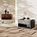 Wooden and Black Bedside Tables with Metal Frames Drawers Vases Table Lamp and Dried Branches