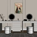 Modern Dressing Table Setup With Round Mirrors Striped Stools And Wall Painting 3d model