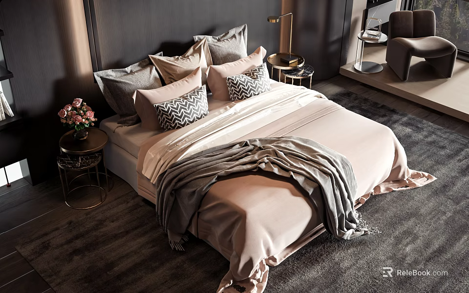 Modern Bedroom Double Bed With Soft Pink Bedding Gray Throw And Patterned Pillows 3d model 