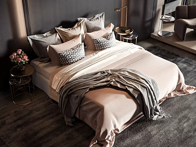 Modern Bedroom Double Bed With Soft Pink Bedding Gray Throw And Patterned Pillows 3d model