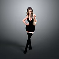 Stylish Female In Black Dress With Hooded Hat Thigh High Socks And Beige Handbag