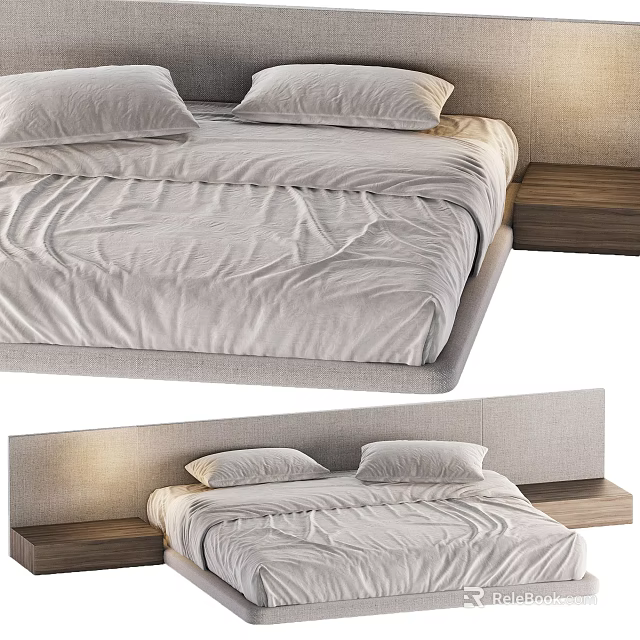 Modern Double Bed With Soft Linen Sheets Fabric Headboard And Wooden Nightstand 3d model 
