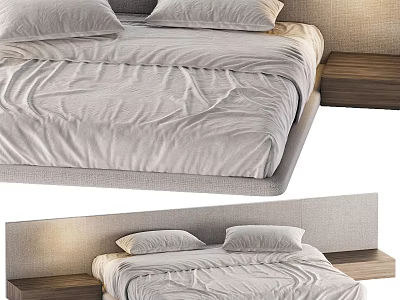 Modern Double Bed With Soft Linen Sheets Fabric Headboard And Wooden Nightstand 3d model