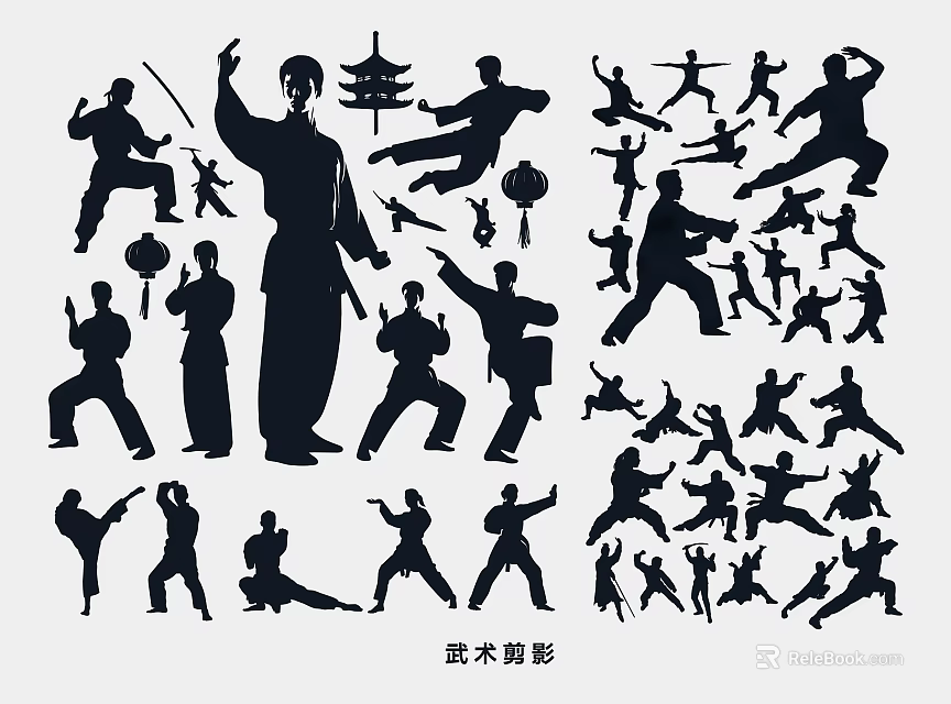Traditional Martial Arts Silhouettes Collection With Various Dynamic Action Poses 3d model
