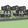 Modern Detached Villa With Dark Exterior Large Glass Windows Green Lawn And Trees
