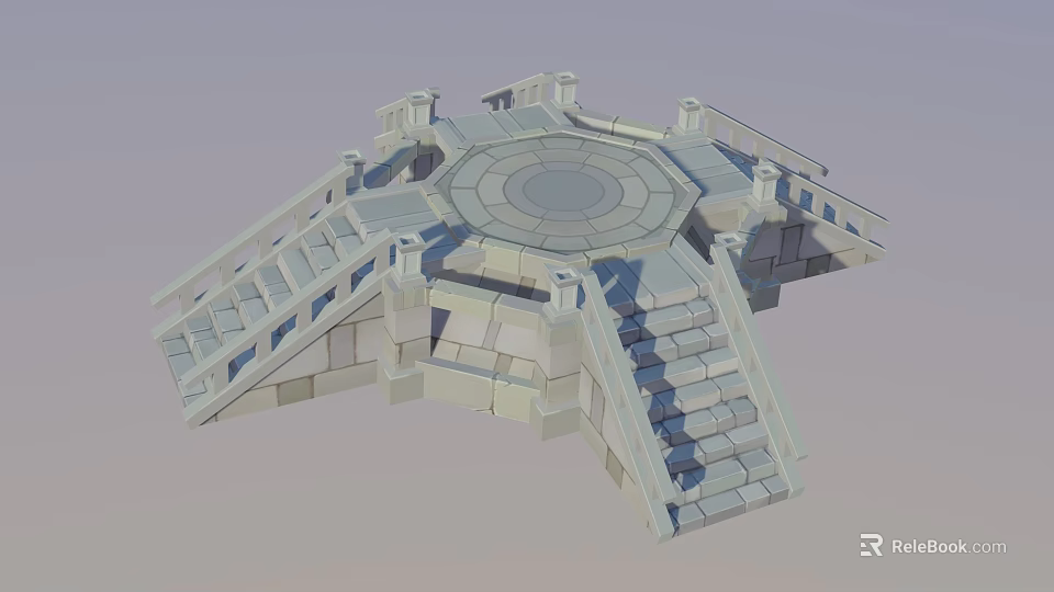 Traditional Stone Octagonal Architectural Structure With Multi Directional Steps And Railings 3d model 