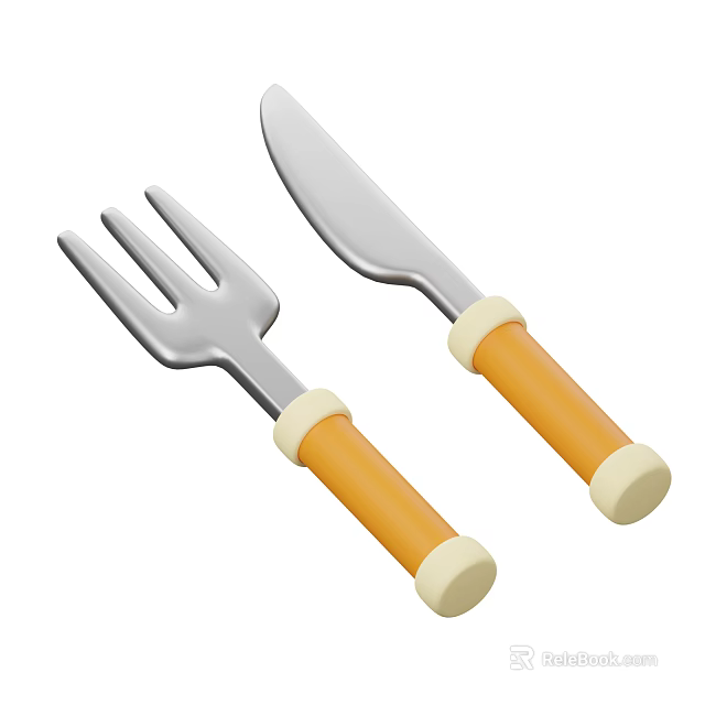 Kitchen Cutlery Set Including Fork And Knife With Orange White Handles Design 3d model