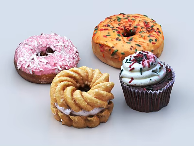 Colorful Assorted Desserts Featuring Donuts Coconut Sprinkles And Cream Topped Cupcake 3d model